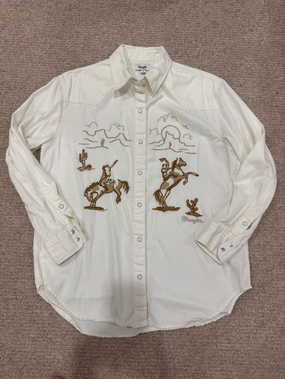 Wrangler retro horse embroidered cotton boyfriend shirt cream womens S - Picture 2 of 5